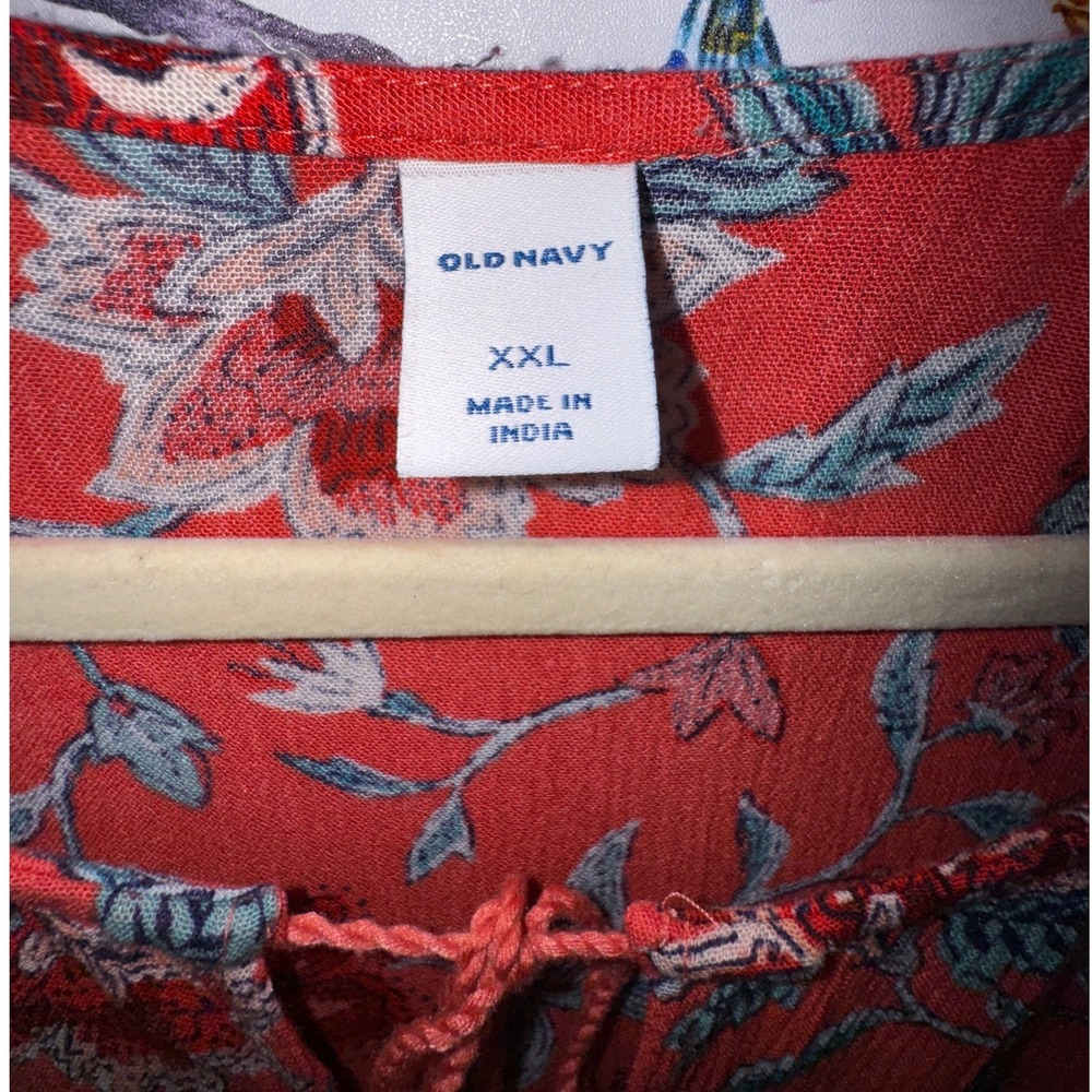 Red Floral Tassel‎ Tie Neck Short Sleeve Blouse Top Plus Size XXL Boho Hippie - Picture 3 of 6